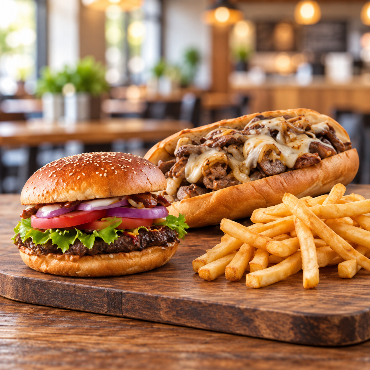Ocean Park burger, cheesesteak and fries